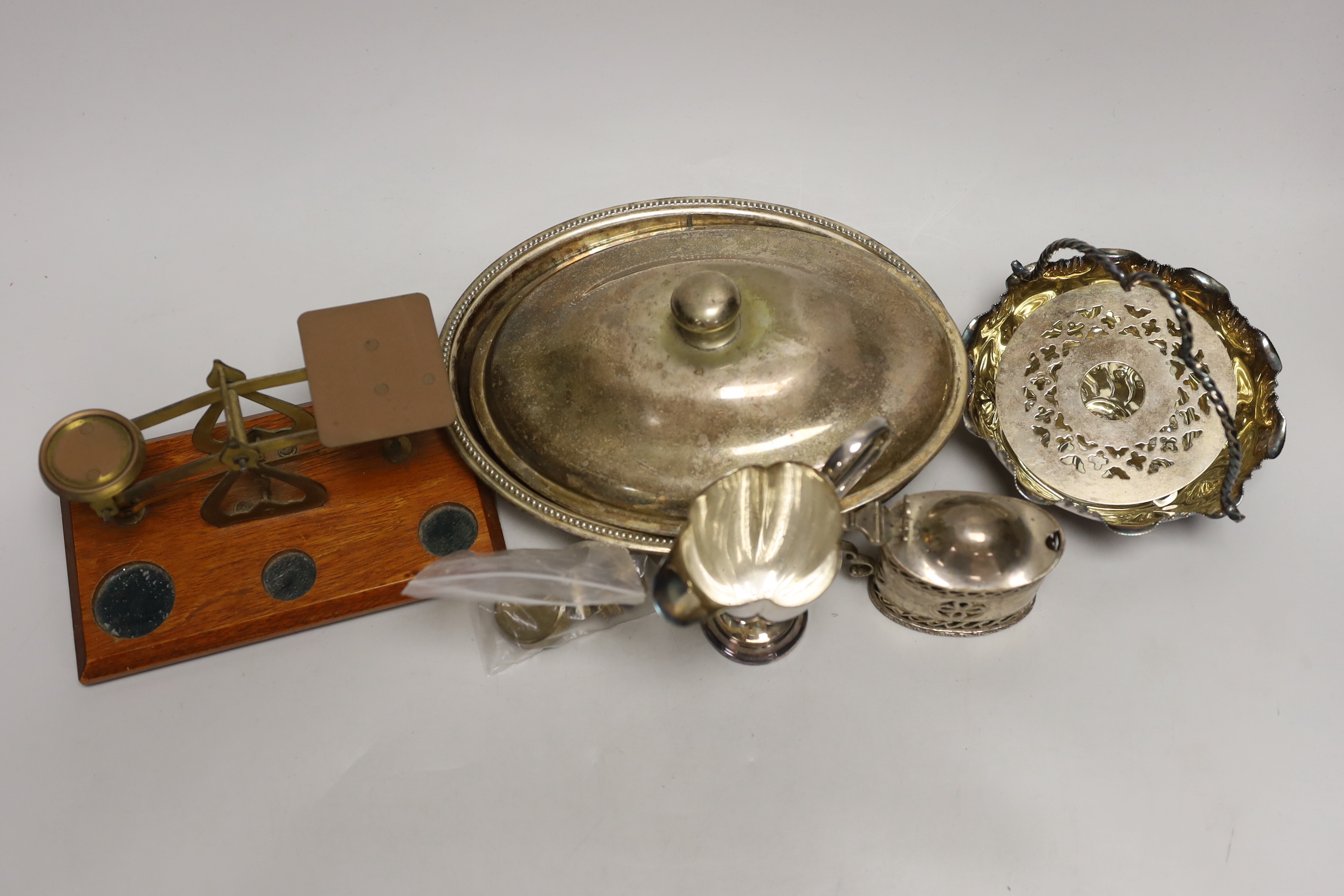 Miscellaneous silver plated ware, a letter balance, etc.